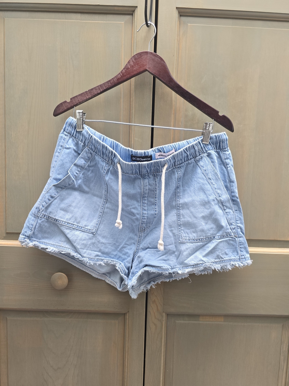 BCBGeneration Light Blue Denim High-Waist Drawstring Shorts